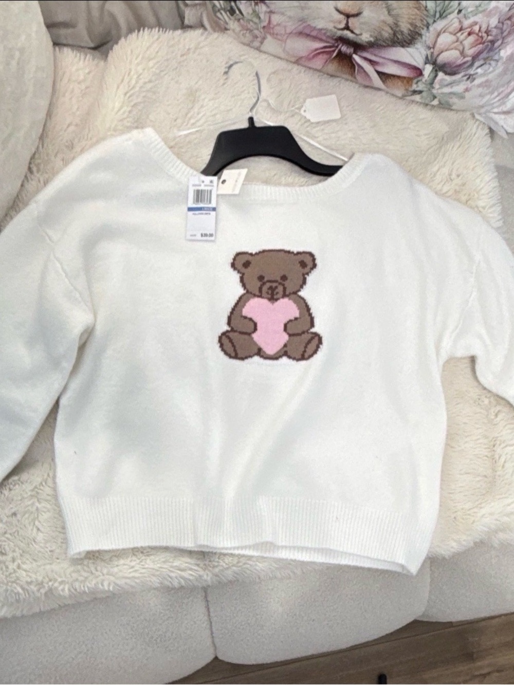 Ultra Flirt White Knit Sweater with Brown Bear and Pink Heart